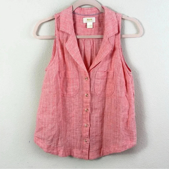 Anthropologie Maeve Felicity Sleeveless Button Front Linen Top Light Red SZ US 6 - Picture 6 of 11